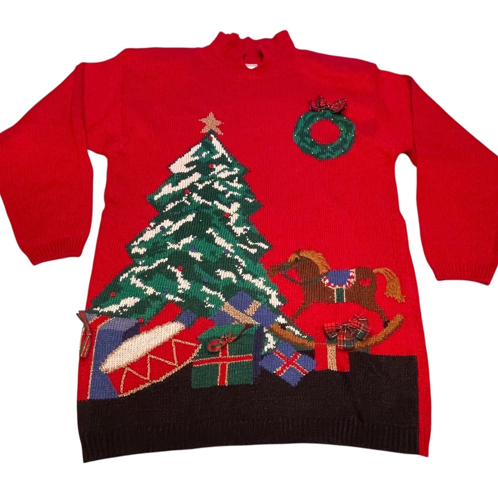 Vintage Jantzen Red Christmas Sweater Medium‎ Rocking Horse Wreath Tree Kitsch